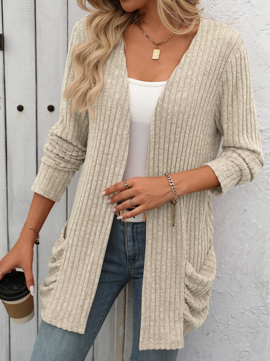 Open Front Long Sleeve Ribbed Cardigan