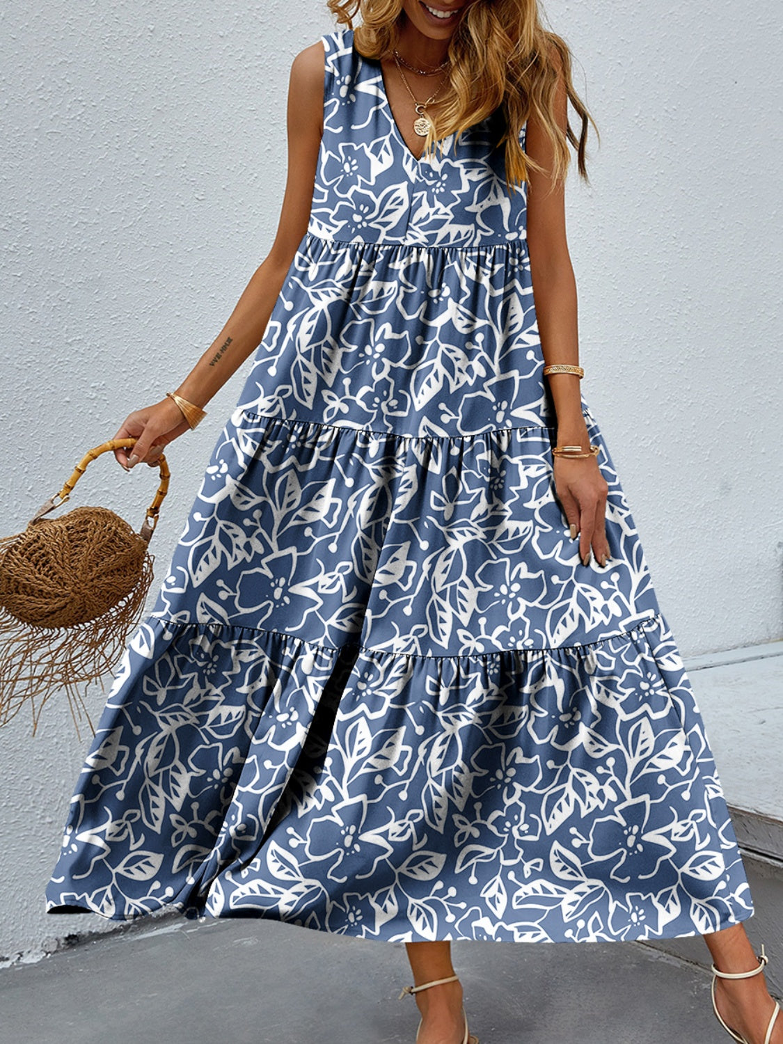 Tiered Printed V-Neck Sleeveless Dress