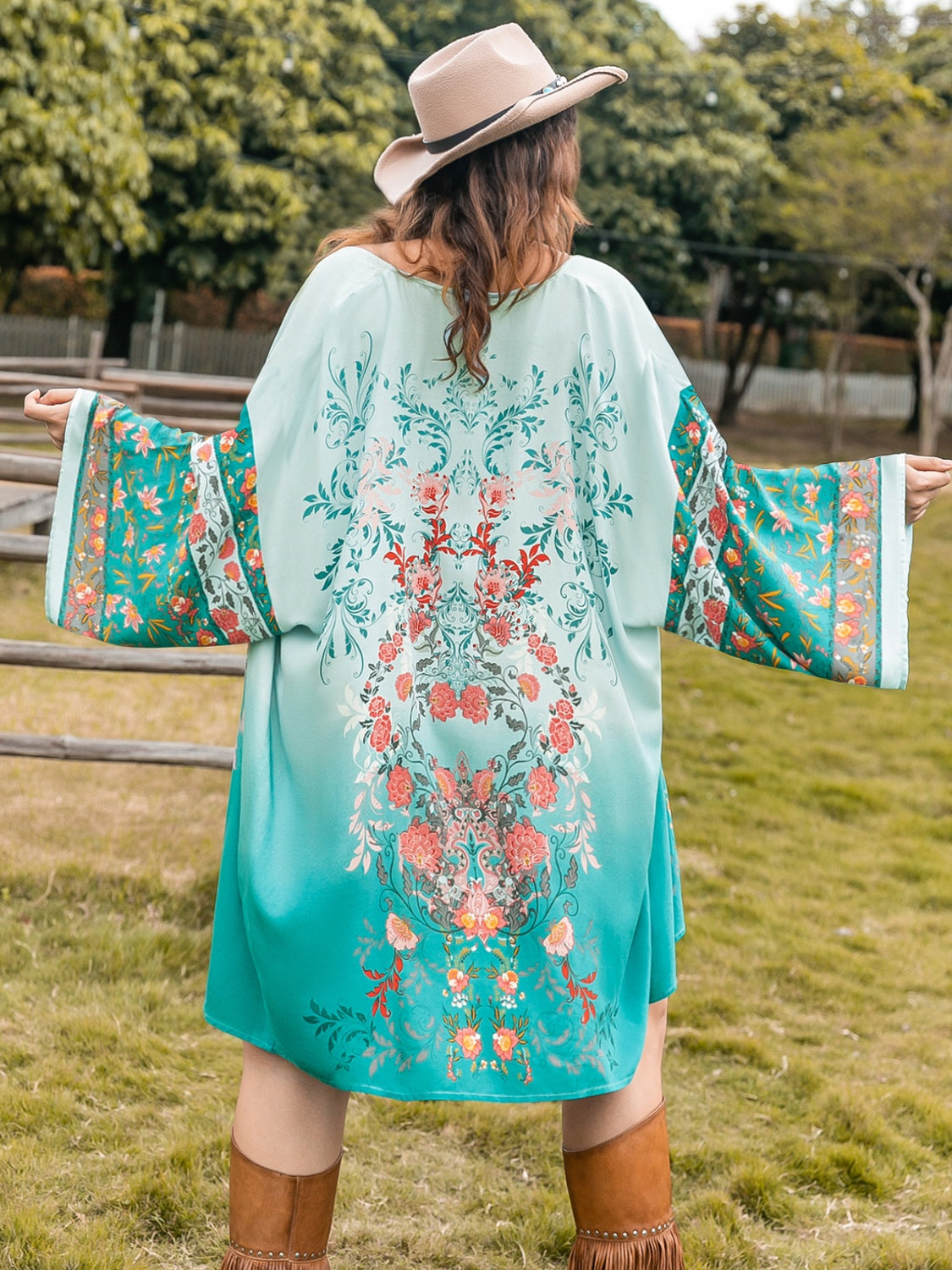 Plus Size Printed Open Front Long Sleeve Cover Up