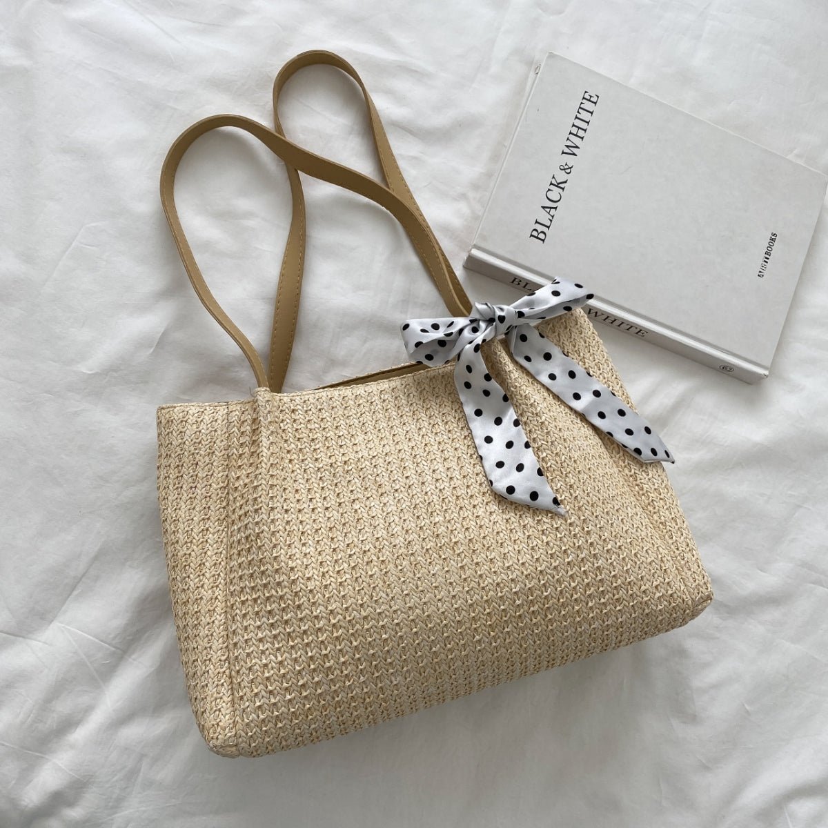 Straw Woven Leather Strap Handbag