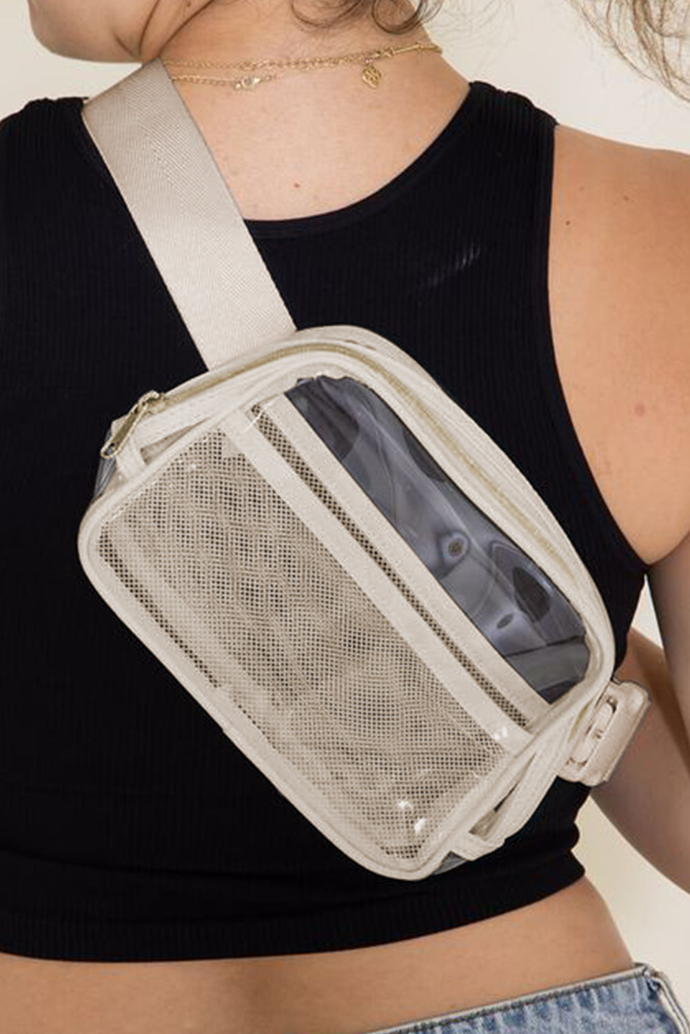 Shallow Khaki Adjustable Straps Zipper Clear Waist Bag