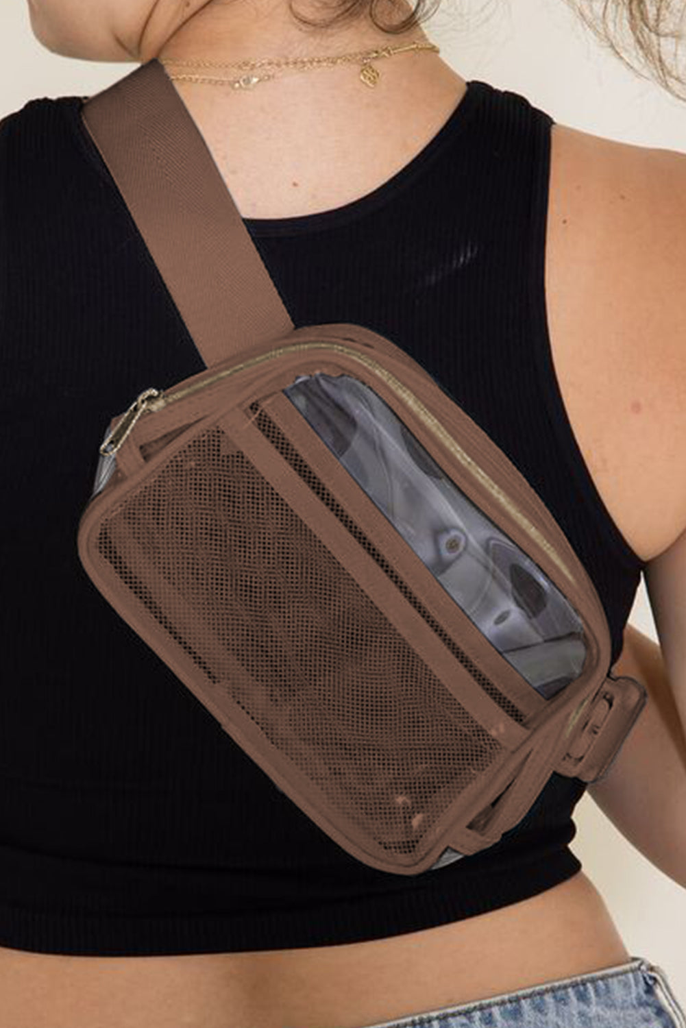 Shallow Khaki Adjustable Straps Zipper Clear Waist Bag