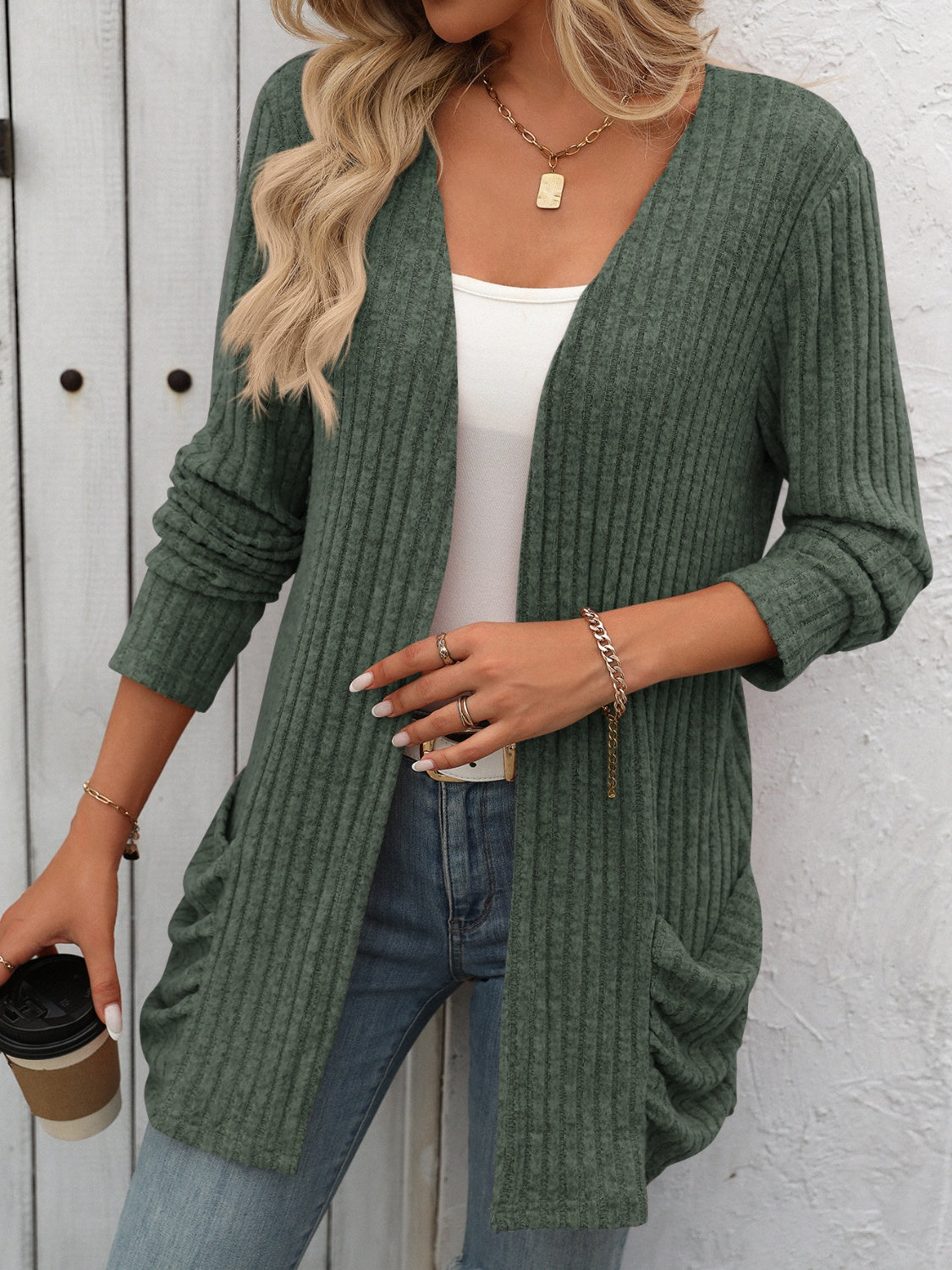 Open Front Long Sleeve Ribbed Cardigan