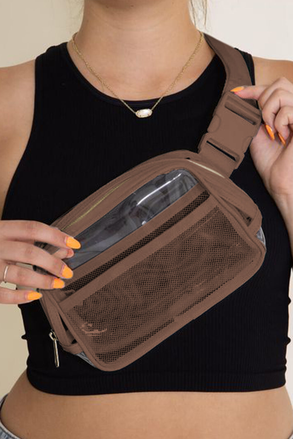 Shallow Khaki Adjustable Straps Zipper Clear Waist Bag