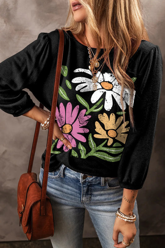 Flower Graphic Round Neck Long Sleeve Top