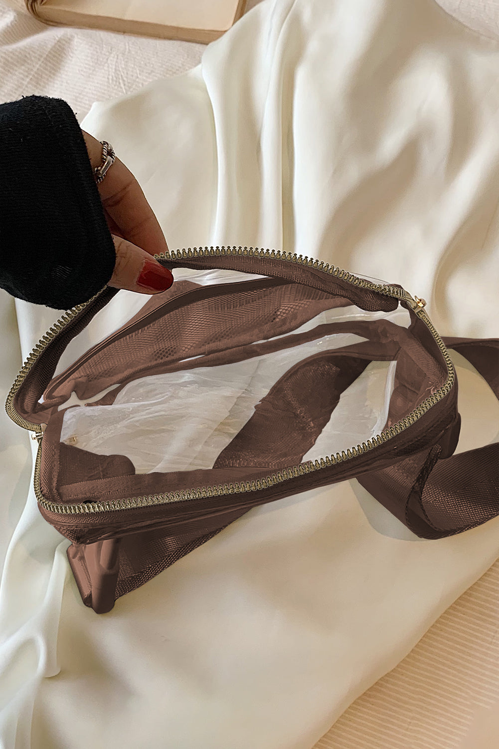 Shallow Khaki Adjustable Straps Zipper Clear Waist Bag