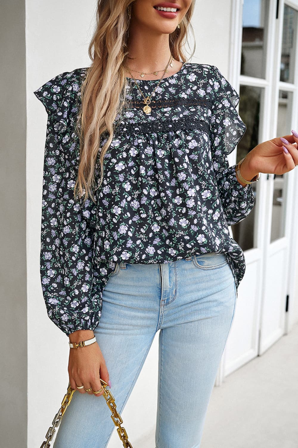 Printed Round Neck Long Sleeve Blouse