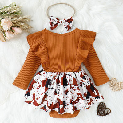 Printed Ruffled Bow Round Neck Bodysuit Dress