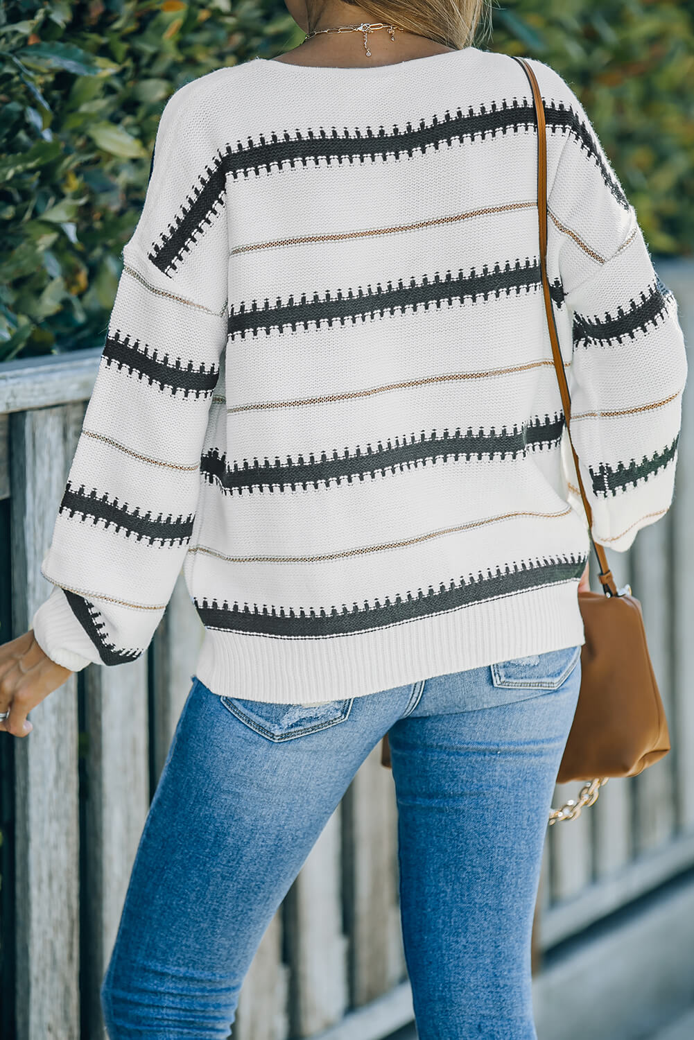 Striped Drop Shoulder Ribbed Cuff Sweater