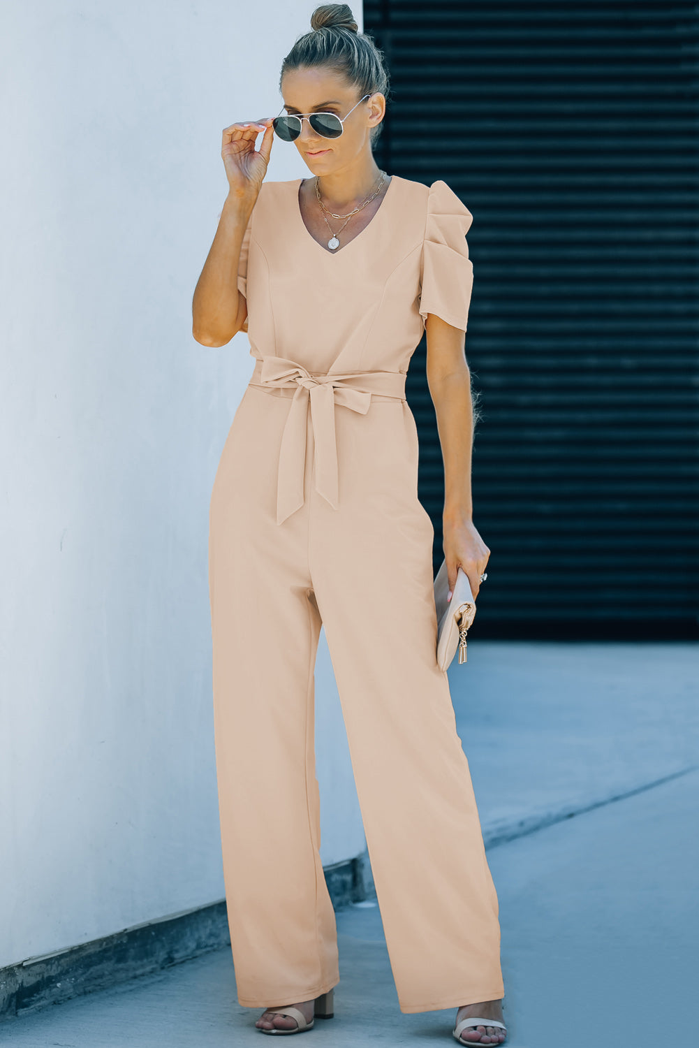 Belted Puff Sleeve V-Neck Wide Leg Jumpsuit