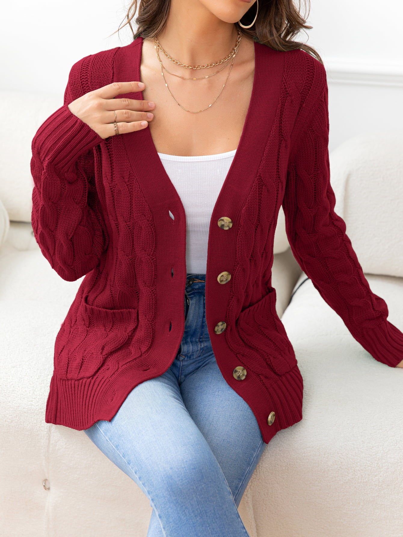 Button Down Cable-Knit Cardigan