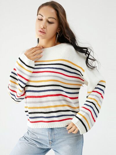 Striped Round Neck Dropped Shoulder Sweater