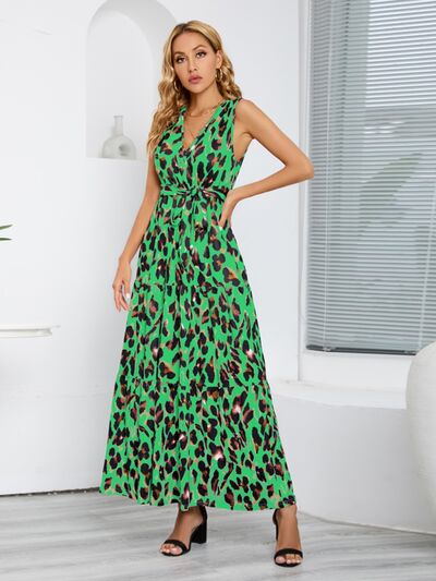 Tied Printed Surplice Tiered Tank Dress