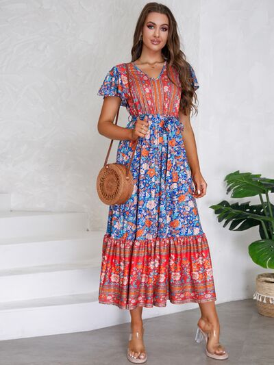 Tied Printed V-Neck Short Sleeve Dress