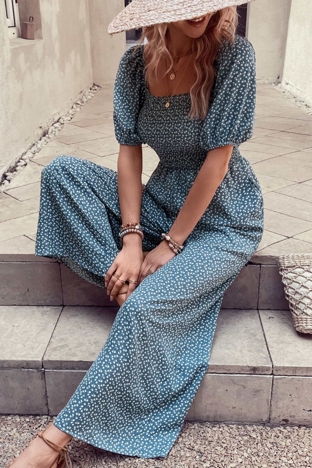 Printed Square Neck Jumpsuit with Pockets