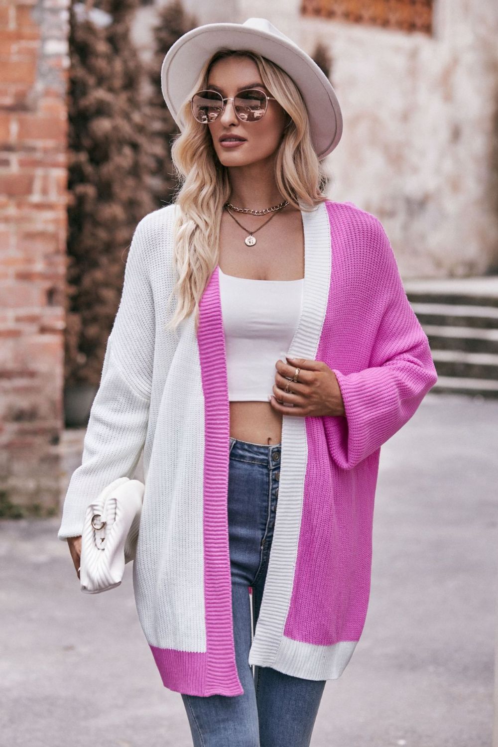 Contrast Open Front Dropped Shoulder Longline Cardigan