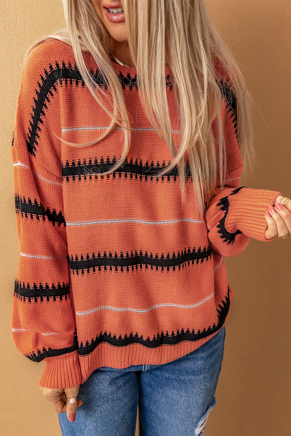 Striped Drop Shoulder Ribbed Cuff Sweater