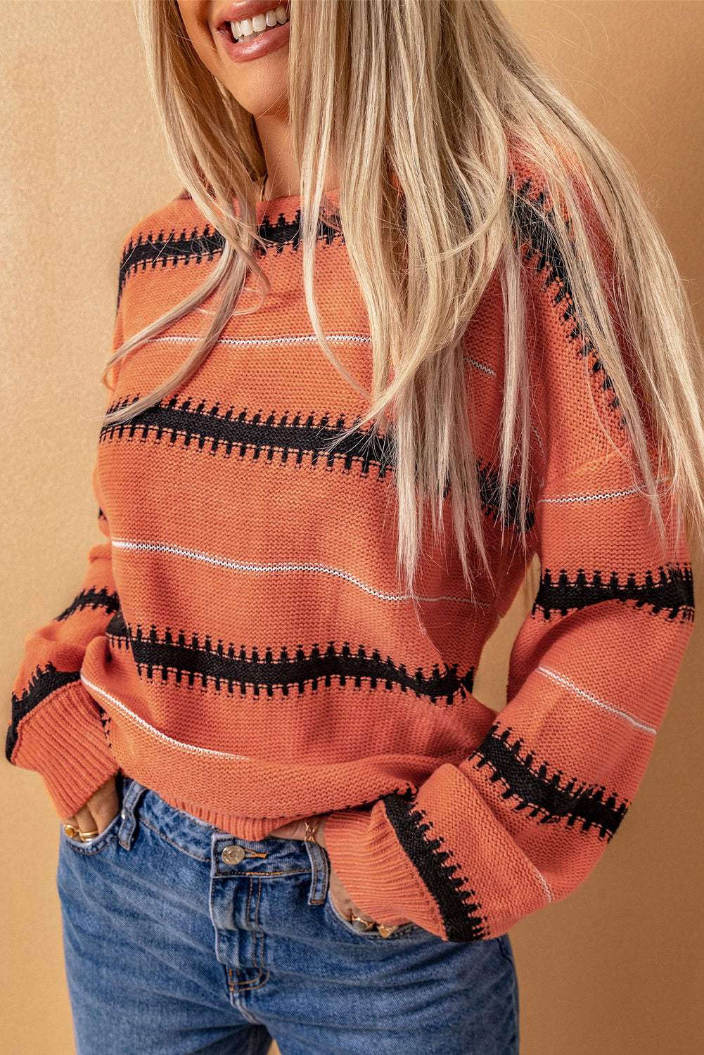 Striped Drop Shoulder Ribbed Cuff Sweater