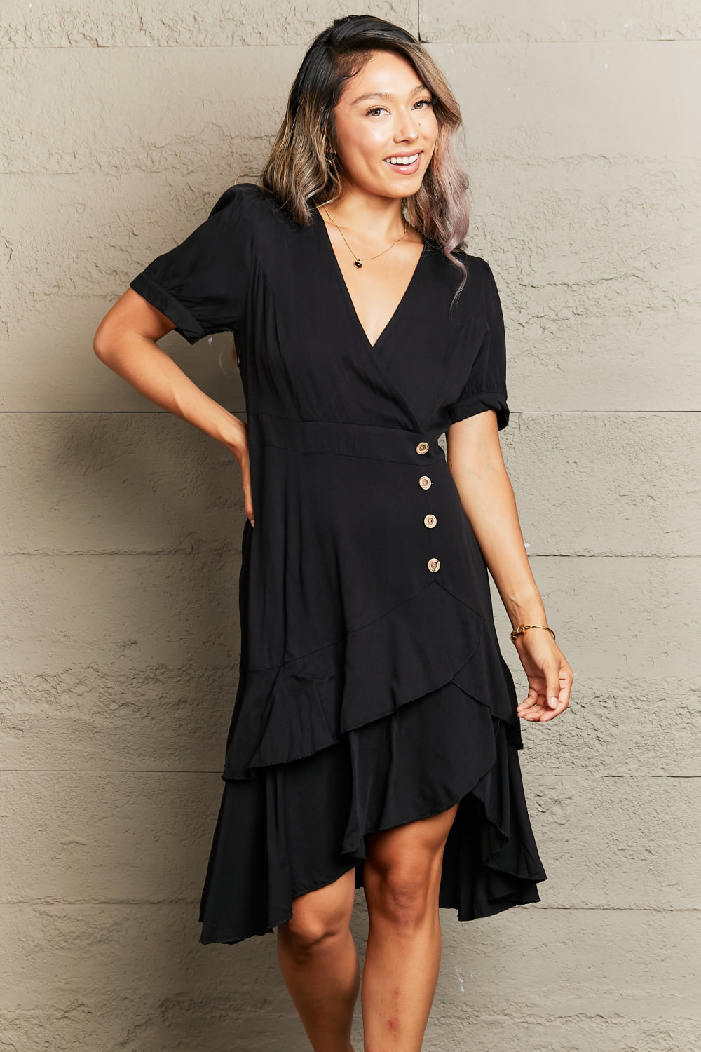 Decorative Button Surplice Ruffle Hem Dress