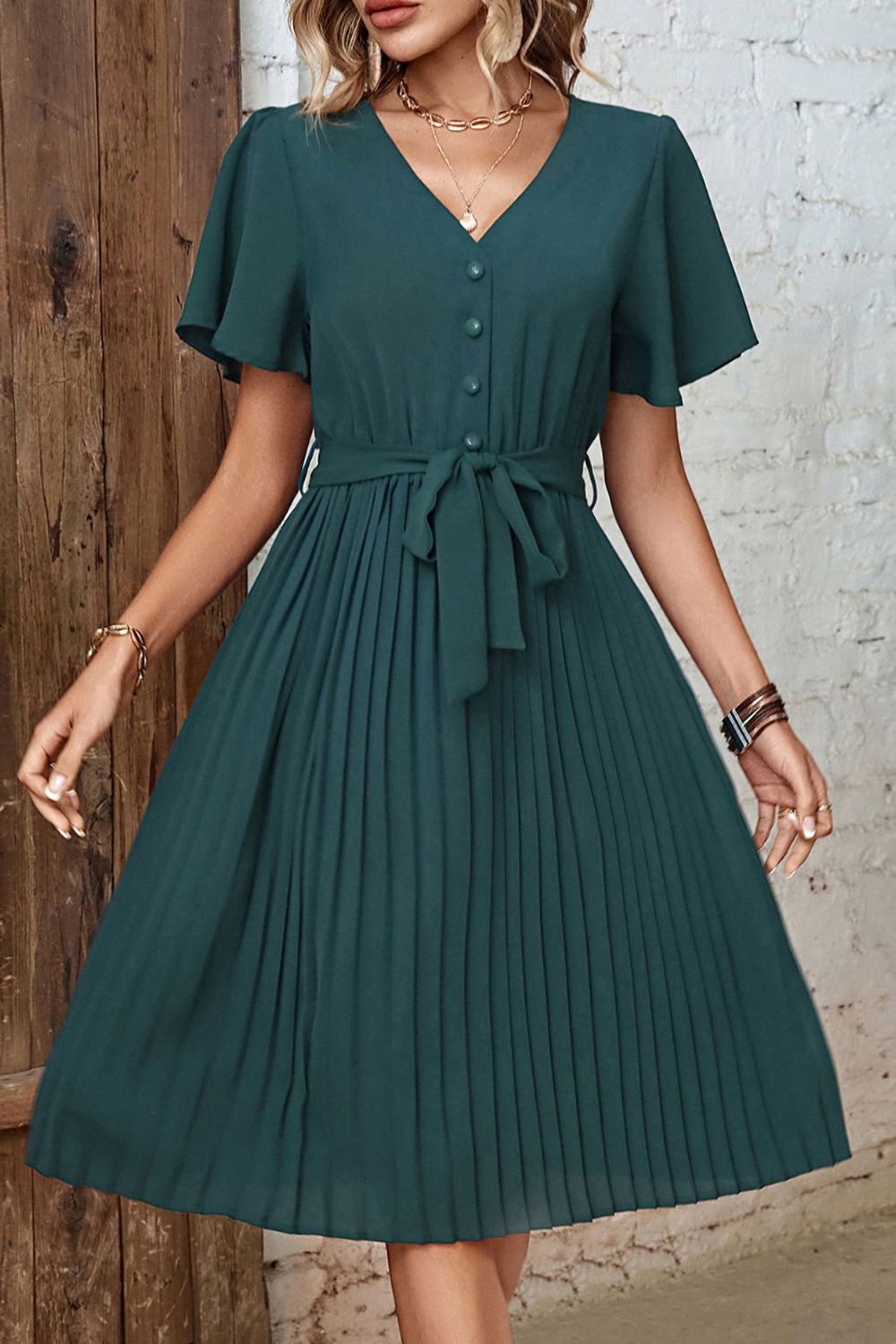 Buttoned V-Neck Flutter Sleeve Pleated Dress