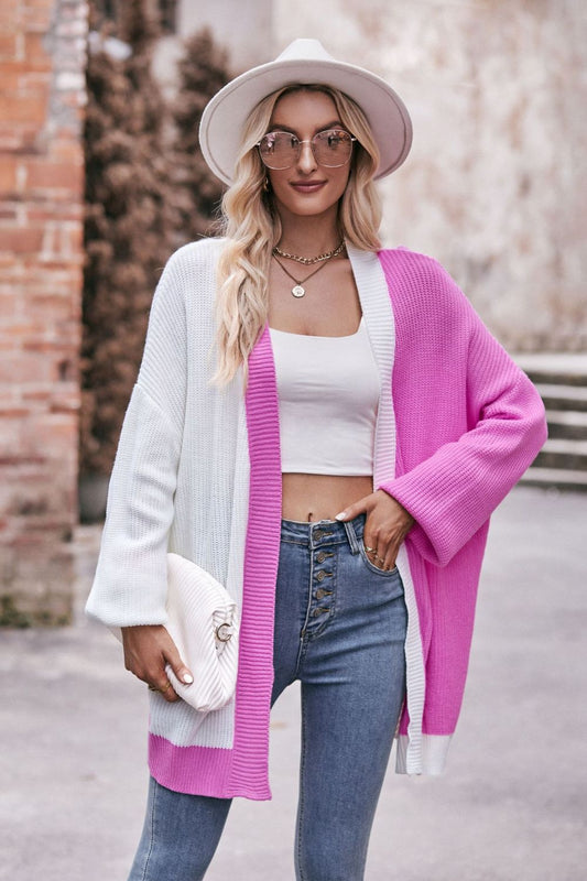 Contrast Open Front Dropped Shoulder Longline Cardigan