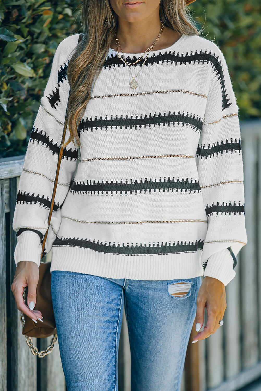 Striped Drop Shoulder Ribbed Cuff Sweater