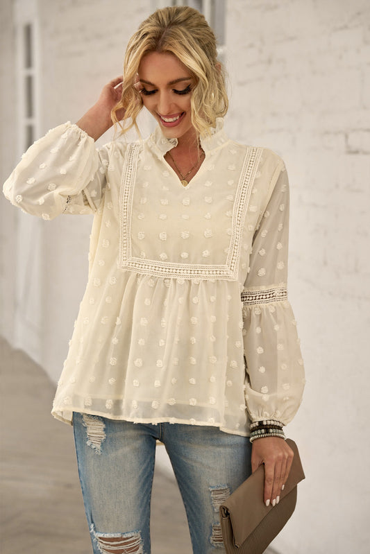 Swiss Dot Frilled Notched Neck Blouse