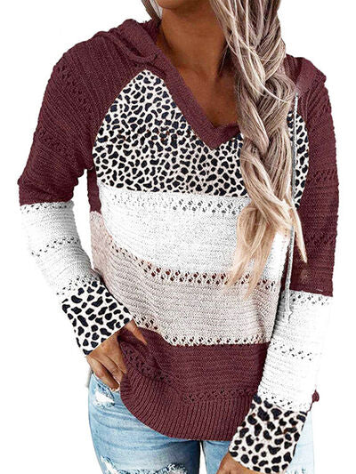 Full Size Openwork Leopard Drawstring Hooded Sweater