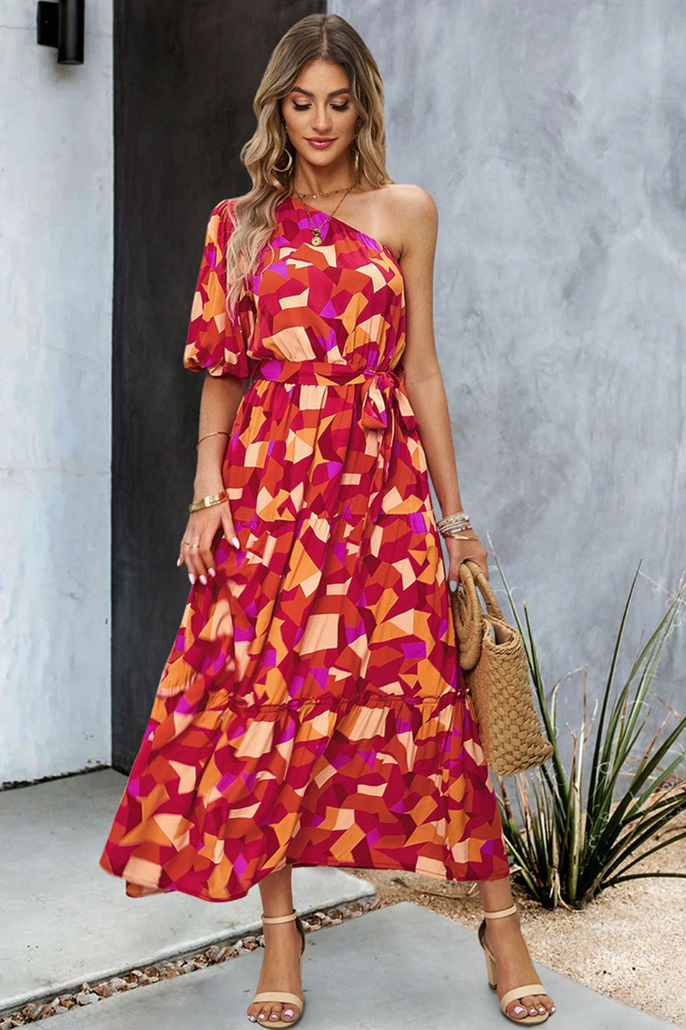 Printed One-Shoulder Tie Belt Maxi Dress