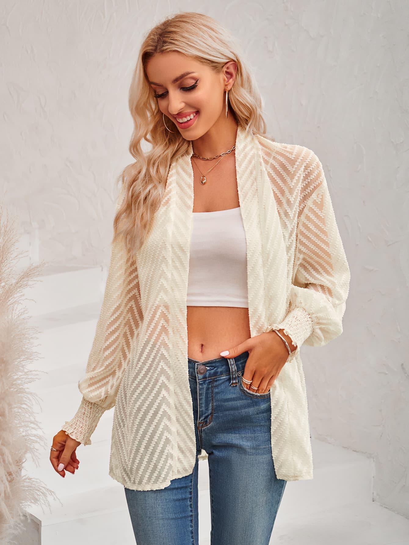 Lantern Sleeve Open Front Sheer Cardigan