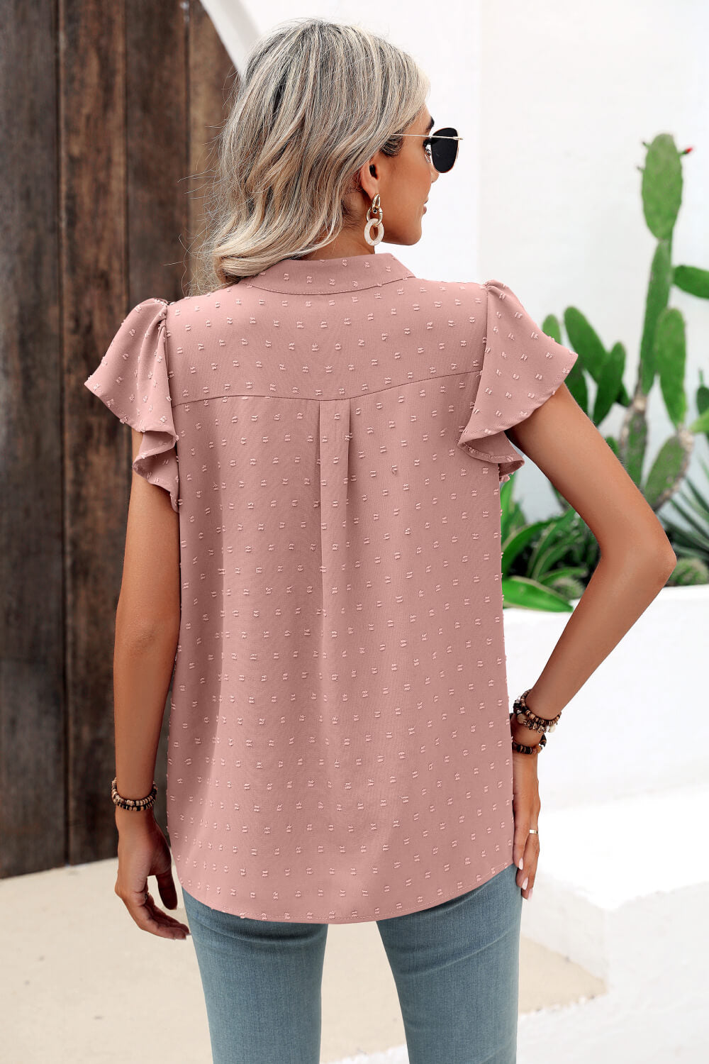 Swiss Dot Flutter Sleeve Notched Neck Blouse