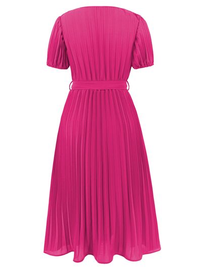 Pleated Surplice Tie Waist Midi Dress