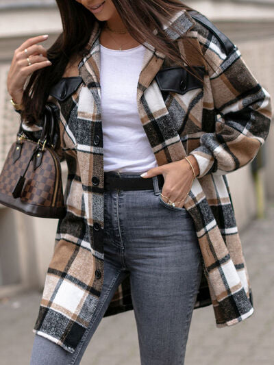 Pocketed Plaid Button Up Dropped Shoulder Shacket