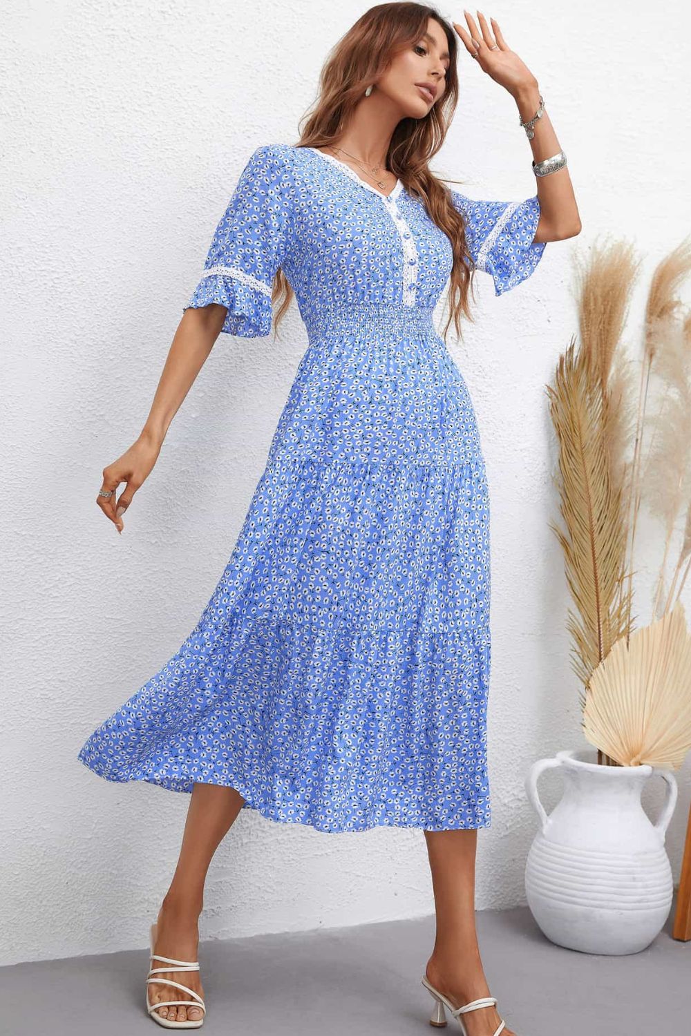 Floral V-Neck Smocked Waist Midi Dress