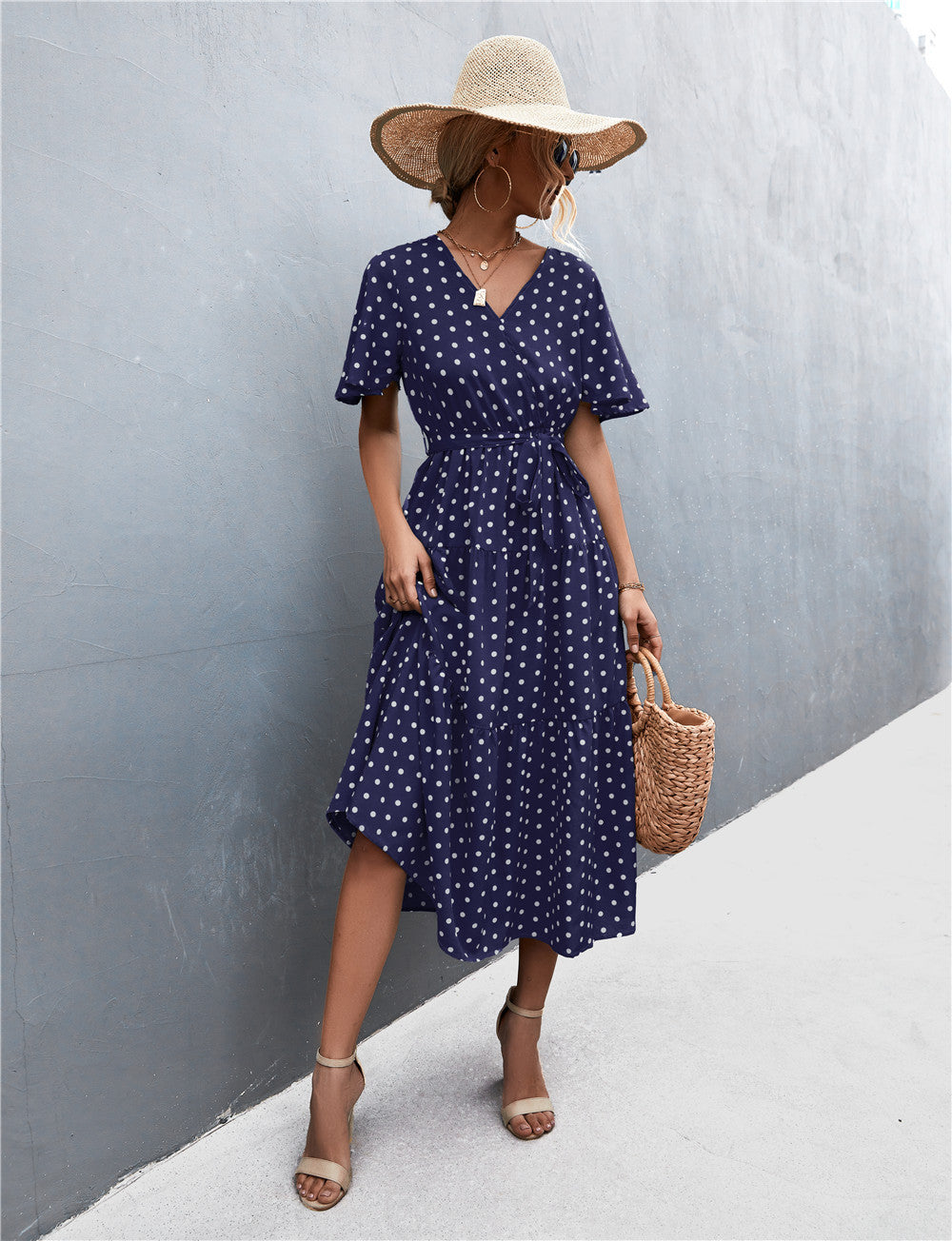 Printed V-Neck Flutter Sleeve Belted Dress