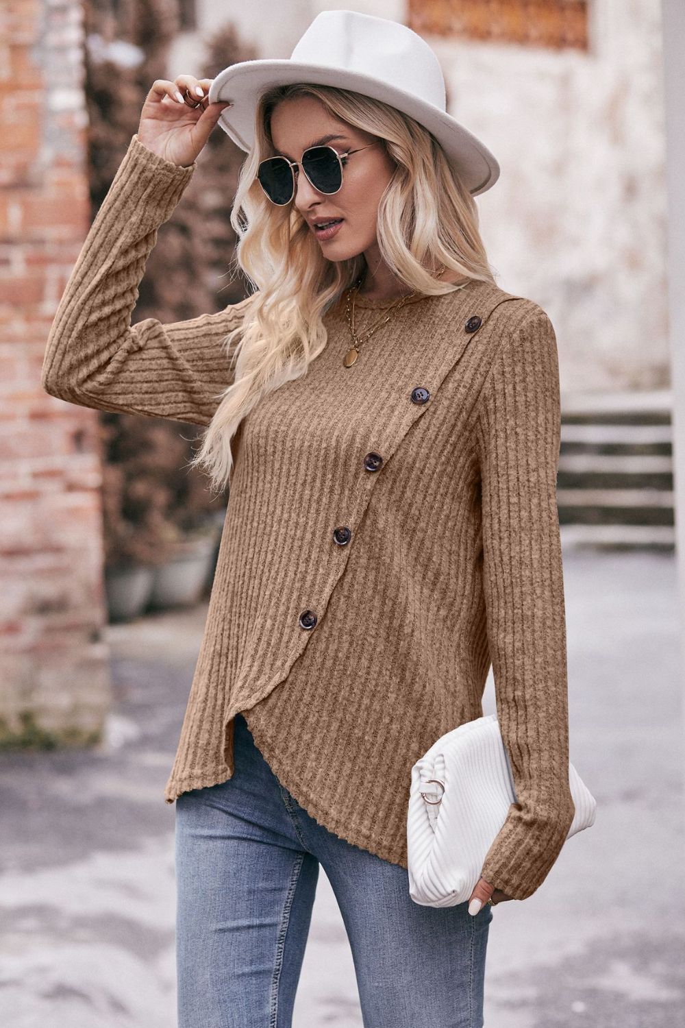 Ribbed Round Neck Buttoned Long Sleeve Tee