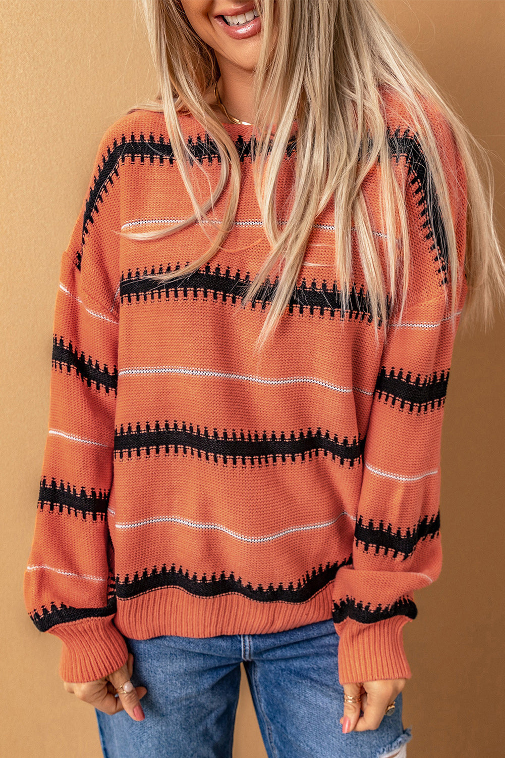 Striped Drop Shoulder Ribbed Cuff Sweater