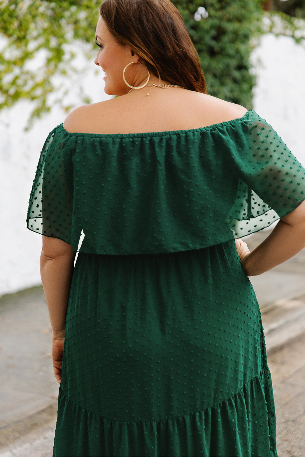 Plus Size Swiss Dot Off-Shoulder Tiered Dress