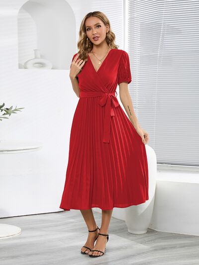 Pleated Surplice Tie Waist Midi Dress