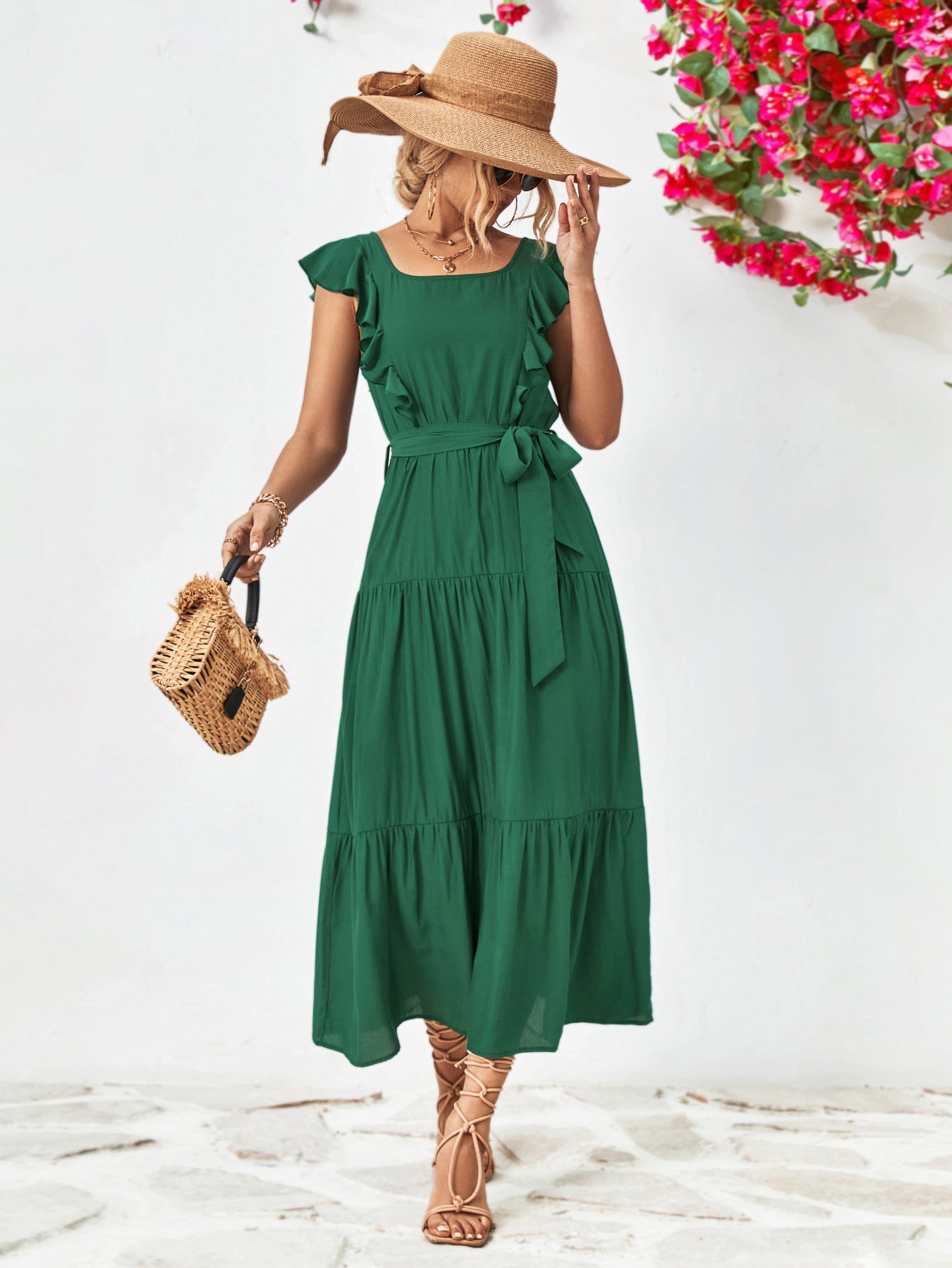 Tie Belt Ruffled Tiered Dress