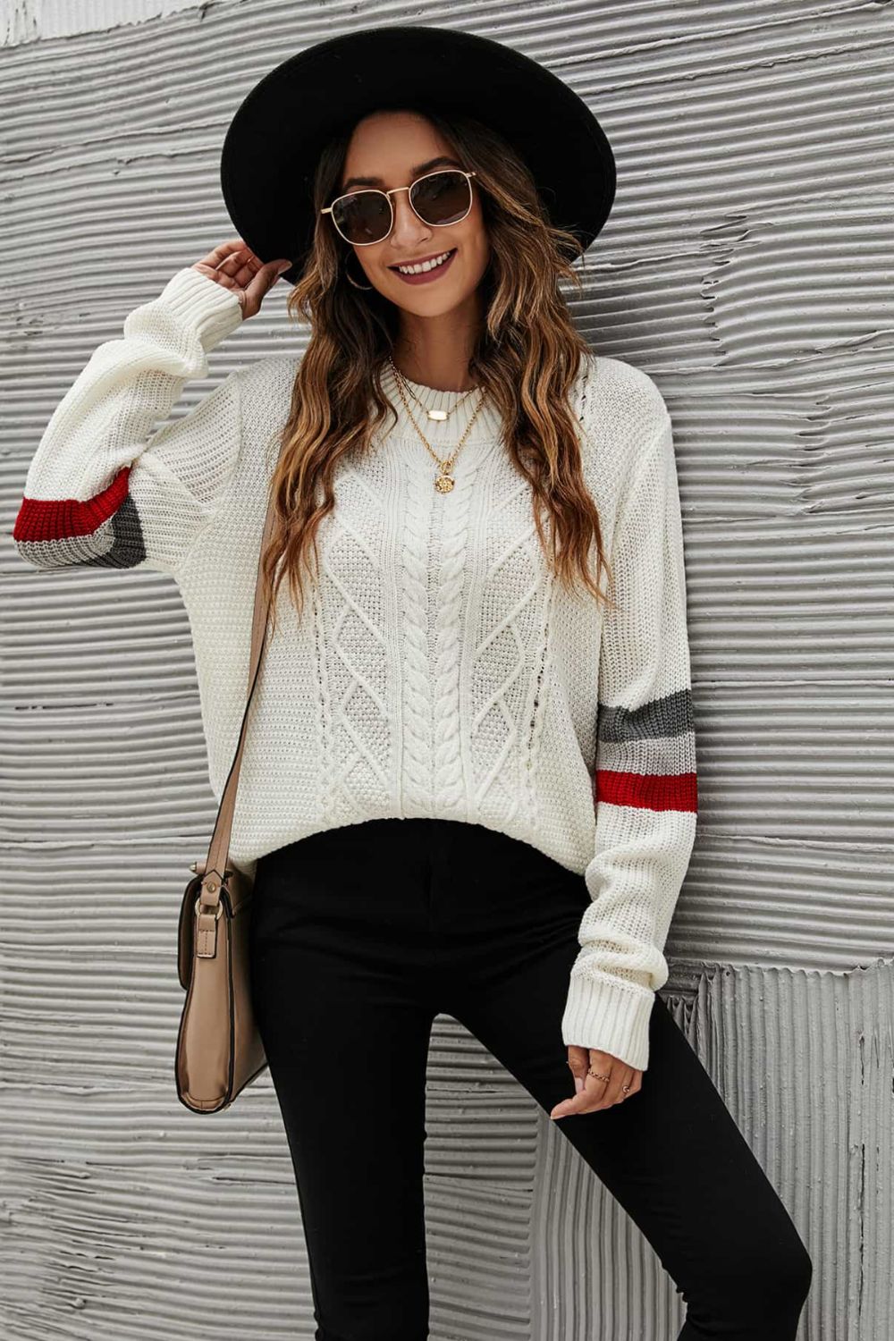 Feeling You Best Striped Cable-Knit Round Neck Sweater